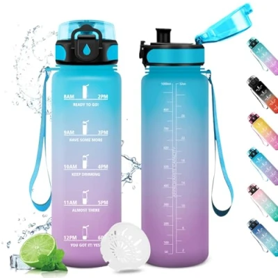 Imagen de Cantimplora Deportiva 1L, Botella Agua Prueba de Fugas, Motivacional con Tapa, Gimnasio Marcador Tiempo, para Adulto, Sport, Cámping, Gym, Running