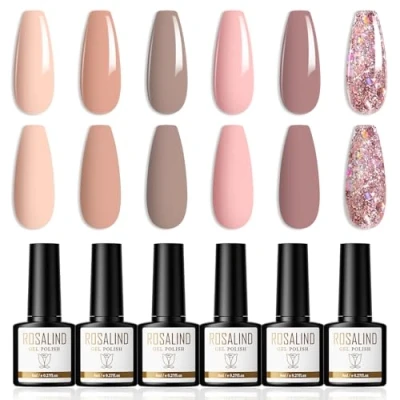 Imagen de ROSALIND Esmaltes Semipermanentes Para Uñas 6 Colores Nude Rosa Púrpura Glitter Purpurina Pintauñas Gel Permanentes UV LED Pinta Lampara Soak Off Nail Polish 8ml