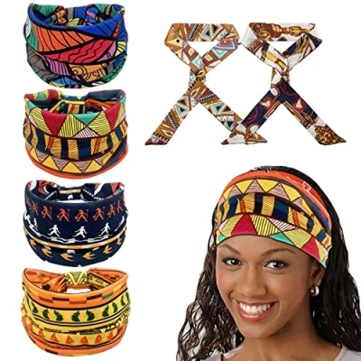 Imagen de 4 diademas africanas con 2 de bufanda seda, pañuelos bohemios, pañuelo elástico estampado retro, deportivas yoga ala ancha, accesorios para el cabello mujer
