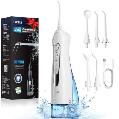 Imagen de COSLUS Irrigador Bucal Portatil Flosser: 300ML Dental Inalámbrico de Riego Para Limpieza Doble chorro agua IPX7 Impermeable Diente el Hogar baño y los Viajes (Blanco)