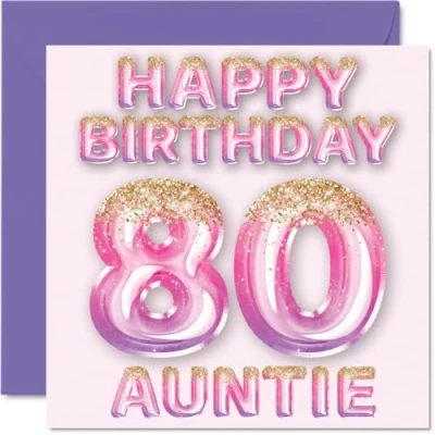 Imagen de Tarjeta de cumpleaños número 80 para tía, globos purpurina rosa y morada, tarjetas feliz tía años sobrino sobrina, felicitación 145 mm x