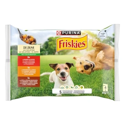 Imagen de Purina Friskies Comida húmeda para Perro en Gelatina con Pollo, Cordero y Buey, 10 Paquetes de 4 Sobres 85g