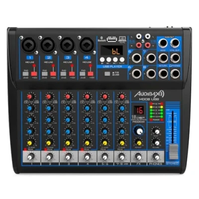 Imagen de Audibax MG08 USB Mesa de Mezclas Sonido Mezclador Audio 8 Canales Interfaz Reproductor y Grabador Conexión Bluetooth MP3 DSP Multiefectos Alimentación 48 V Phantom Power