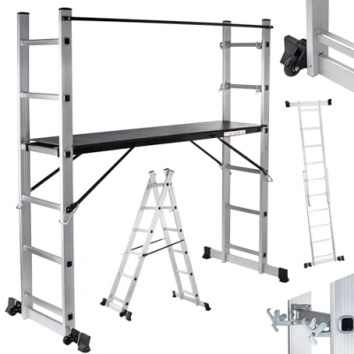 Imagen de MAXCRAFT Plataforma de Trabajo Multipropósito Escalerilla Escalera Combinación Aluminio y Andamio con Ruedas Peldaños Escala Plegable (5 posibilidades Uso)