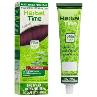 Imagen de Herbal Time Henna Natural Colorante en Crema Pelo Cubre Canas Tinte Coloración Temporal Sin Amónico, Sulfatos y Parabenos Color Berenjena 9 75ml