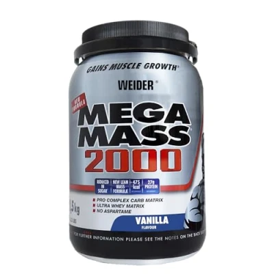 Imagen de Weider Mega Mass 2000 Sabor Vainilla (1500 g). 67% de hidratos y 16% proteínas. Enriquecido Con Vitaminas Minerales. menos azúcares