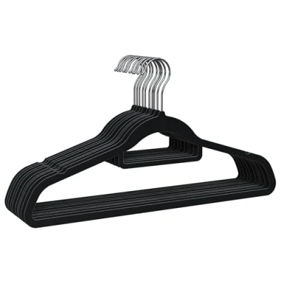 Imagen de PORTENTUM Perchas de Terciopelo, Set 10, Negro. Soporte Accesorios, Gancho Giratorio 360º, Ahorra Espacio, Muescas para Vestidos, Antideslizantes, Todo Tipo Ropa, Made in Spain