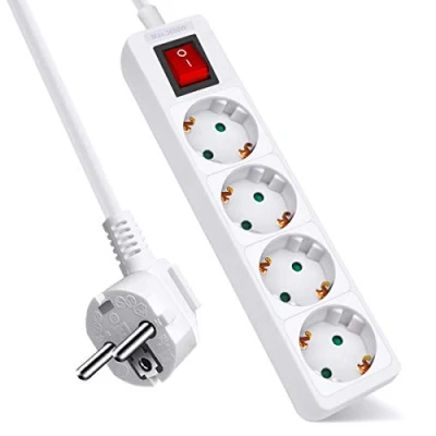 Imagen de EXTRASTAR Regleta con 4 Enchufes e Interruptor, Cable 1.5M, Tomas para el hogar, Oficina y Viajes, MAX 3680W, 16A, 250V, Blanco, 1pc