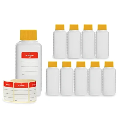 Imagen de Octopus 10 x 100 ml bottiglie in plastica, plastica HDPE con tappi a Vite Giallo, vuote coperchi quadre etichette compilabili incluse