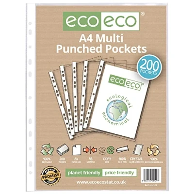 Imagen de eco Eco129 Protector de hojas para billetera (100% reciclado, 100% varios bolsillos perforados, vidrio transparente, 45 micras, 200 carteras, color transparente