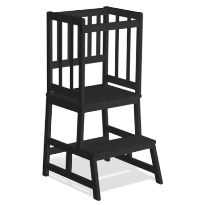 Imagen de COSYLAND Torre de Aprendizaje Desde 18 Meses Madera para Niños Protección Antivuelco y Barra Seguridad Baño, Habitación Infantil Cocina Negro