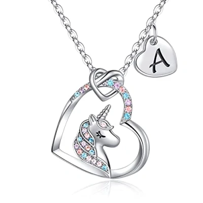 Imagen de TINGN Regalos para Niña Mujer Collar de Unicornio, Chapado en Oro Blanco 14 Quilates CZ Corazón Colgante Unicornio Collares Niñas Inicial A Cumpleaños Joyería