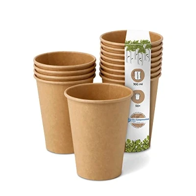 Imagen de GREENBOX Vasos desechables biodegradables, de papel, con revestimiento PLA, 50 unidades, marrón, sin teñir, 300 ml