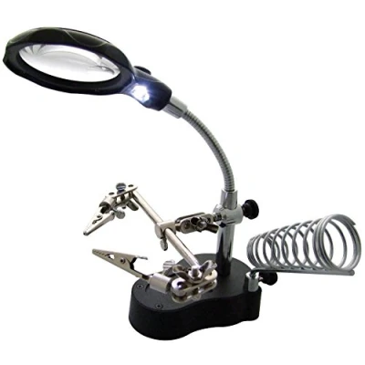 Imagen de JZK Estación de Lupa para Manos Amigas soldar, (3.5X, 12x) Lente Doble con lámpara luz LED y Soporte soldar Soldador