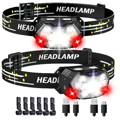 Imagen de SENDALE 2 linternas frontal LED recargables,Linterna Cabeza5000 lúmenes,9 LED,recargable con luz roja y sensor de movimiento, 7 modos luz, IPX6, resistente al agua para equitación nocturna,