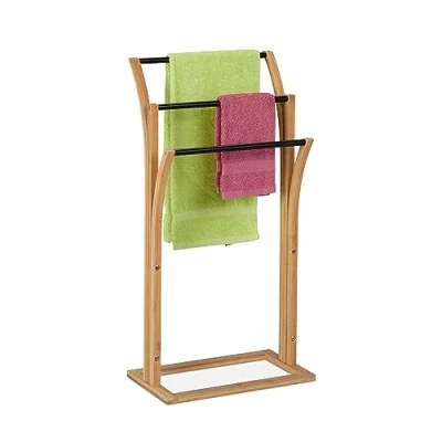 Imagen de Relaxdays Toallero de Pie, Soporte Toallas Bambú, 3 Barras Escalonadas, 82 x 42 24cm, Portatoallas Baño, Natural/Negro
