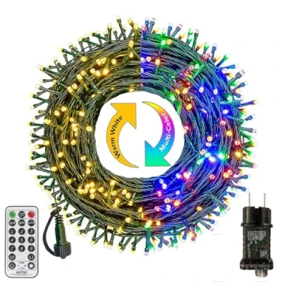 Imagen de Bowfar guirnalda luminosa para exterior, 10 m, 100 LED, color blanco cálido y multicolor, árbol de Navidad, con temporizador memoria, 11 modos abeto, boda,