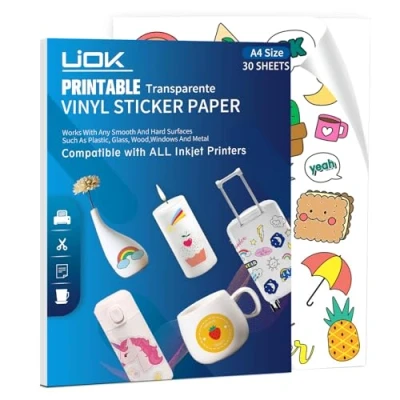 Imagen de UIOK Papel Pegatina para Imprimir A4, Adhesivo Transparente Vinilo Imprimible Adhesivo, 30 Hojas Impresora de Tinta Etiquetas Pegatinas