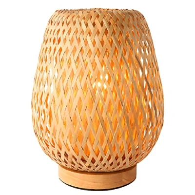 Imagen de Schindora lámpara de mesa pequeña bambú bohemio hecha a mano, escritorio tejida mimbre