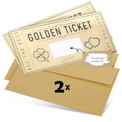 Imagen de DasWas 2x Tarjeta Regalo Rasca y Gana Golden Ticket Tarjetas personalizadas para Rellenar con Adhesivo Personalizado en un Sobre Brillante + Herramienta de Rascado