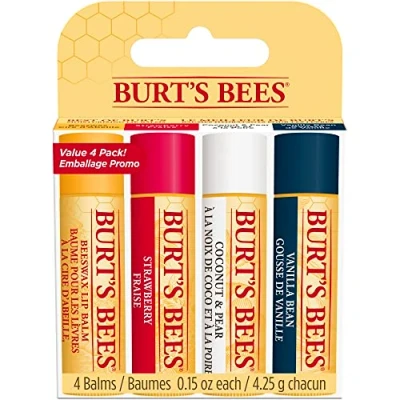 Imagen de Burt&#039;s Bees Paquete múltiple de bálsamo labial, cera abejas, fresa, coco y pera, vainilla, Best of Burt&#039;s, 4 x 4.25 gramos