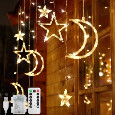 Imagen de Jsdoin Ramadán Cadena de Luces LED 3,5 m Estrella Luna Cortina con 8 Modos Intermitentes Decoración para Navidad, Boda, Fiesta, Hogar, Terraza, Ramadán, Césped (B (Blanco Cálido))