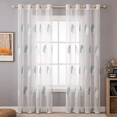 Imagen de MIULEE Cortinas Salon Modernas con Bordado de Hojas 2 Piezas, Lindas Visillos Dormitorio Matrimonio Ojales, Translucidas Salón Gris y Blanco Motivos 140x260 CM