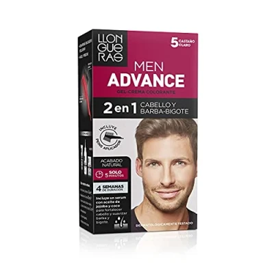 Imagen de Llongueras Men Advance, Gel Crema Colorante 2 en 1, para Cabello y Barba Bigote, con Aceite de Jojoba, Coloración Masculina, Nutre e Hidrata, Acabado Natural 5 Minutos, Tono 5, Castaño Claro