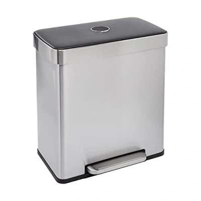 Imagen de Amazon Basics Rectangular Cubo de basura para reciclaje con 2 compartimentos, interior 30L+30L (60 L) metálico