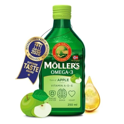 Imagen de Moller’s ® Aceite de hígado bacalao Complemento dietético con omega 3 EPA, DHA y vitaminas A, D E Sabor Manzana 250 ml