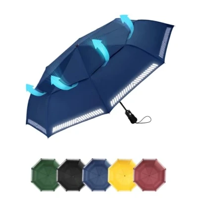 Imagen de Chakipee Paraguas Plegable Antiviento Automatico Reflectante Azul Resistente Al Viento con Doble Cubierta Compacto para Mujer y Hombre de Viaje 8 Varillas