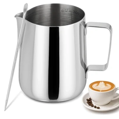 Imagen de Jarra leche barista acero inoxidable 350ml con escala graduada incluye bolígrafo para latte art ideal preparar cappuccinos, lattes y espressos plateado