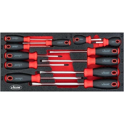 Imagen de VIGOR V4989 Kit de atornilladores 12 Módulo herramientas (refuerzo espuma blanda PU)