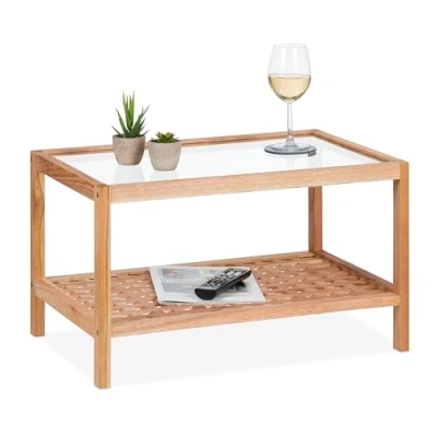 Imagen de Relaxdays Auxiliar Mesa de Centro con Tablero Cristal, Mesita Sofá Estante, Madera Nogal, Salón, 35x60x40 cm, Natural, Acero