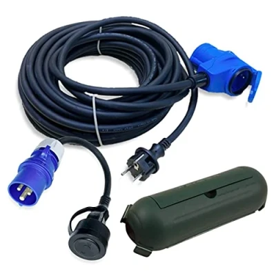 Imagen de Juego de Cable Adaptador CEE 15 m acodado A Enchufe Schuko + y Caja protección Verde H07RN F 3 x 2,5 mm² 230 V 16 Corriente Camping para caravanas Barcos