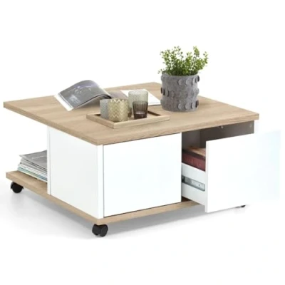 Imagen de FMD Möbel Mesa de Centro, Madera ingeniería, Roble NB/Blanco Brillo Noble, ca. 70 x 36 cm