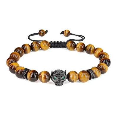 Imagen de COAI Pulsera Ajustable con Cuentas de Ojo Tigre Piedra Natural y Amuleto Leopardo para Hombre Mujer