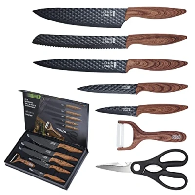 Imagen de LEBENLANG cuchillos cocina 7 piezas con pelador y tijeras de set juego cocinero accesorios negro cuchillo corte afilado