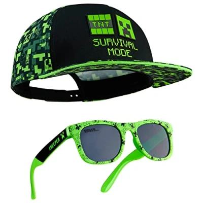 Imagen de Minecraft Set de Gorra Béisbol y Gafas Sol para Niños Regalo Gamers (Negro/Verde)