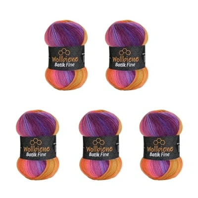 Imagen de Wollbiene Batik Fine 5 ovillos de 100 g, 500 gramos, lana con degradado multicolor, multicolor (5600 lila, bayas y naranja)