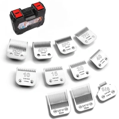 Imagen de YAZIYIR Cuchillas desmontables para el aseo de perros acero inoxidable, compatibles con Andis/Oster A5/Heiniger/moser Max 50/Wahl, medida 40+10+30+15+7FC+5FC+4FC+3FC+5/8HT+3/4HT+5/8N, 11 unidades