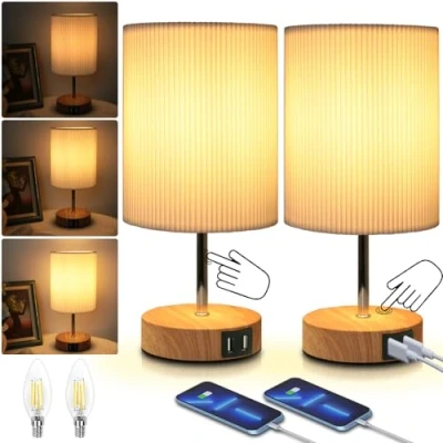 Imagen de Lámpara de cabecera regulable al tacto: mesa con 2 puertos USB carga rápida Bombilla tacto 3 niveles brillo escritorio ajustable Minimalista para la lectura