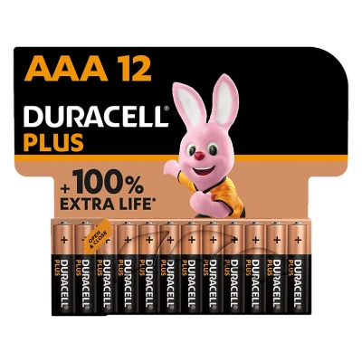 Imagen de Pilas AAA Duracell PLUS LR03 / LR3, alcalinas, Pack 12 Uds, 1.5 V, MN2400, Universal, Negro