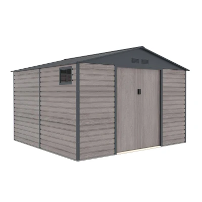Imagen de Gardiun Caseta Metálica Surrey 10,85 m2 Exterior 340x319x226 cm de Acero con Ventana Lateral y Efecto Madera Veteada