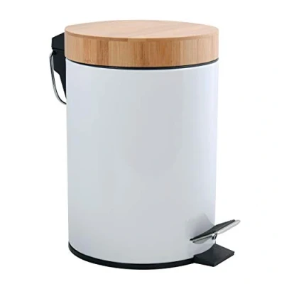 Imagen de MSV Papelera para baño (3 L, Acero Inoxidable, bambú, con Descenso automático y Cubo Interior, Cierre Suave), Color Blanco, 3 litros