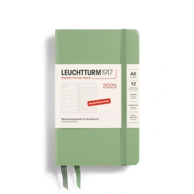 Imagen de LEUCHTTURM1917 370501 Agenda semanal y cuaderno 2025, bolsillo A6, tapa dura, planificador de 12 meses, 80 g, a rayas, salvia