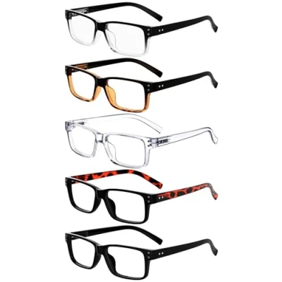 Imagen de Eyekepper Pack de 5 Gafas Lectura para Hombre y Mujer Retro Plástico Bisagras Resorte, Uno Cada Color +1.50
