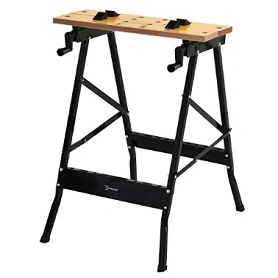 Imagen de DURHAND Mesa de Trabajo Plegable Banco con Abrazadera 2 Manivelas como Caballete Sierra Carpintero Hierro MDF Soporta 100 kg 60,5x62,5x78,5 cm Natural y Negro