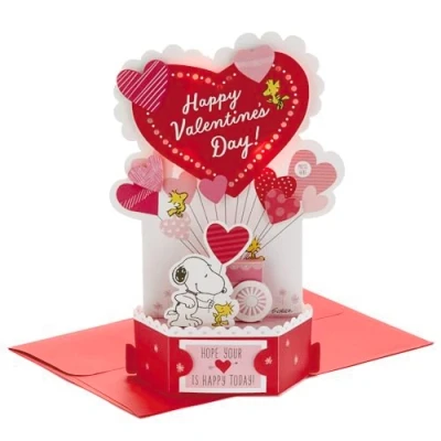 Imagen de Hallmark tarjeta de San Valentín, musical para el día 3D y desplegable, corazón iluminado, cacahuetes, nieve madera, dorado, rosa, azul, blanco