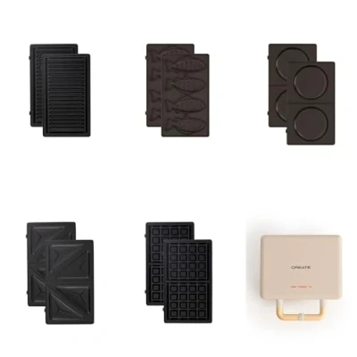Imagen de CREATE/STONE STUDIO/Sandwichera Grill y gofrera doble arena / 5 placas intercambiables: Grill, Gofre, Sandwich, Taiyaki Tortitas, antiadherente, apertura 100º, autoapagado, retro, 800W